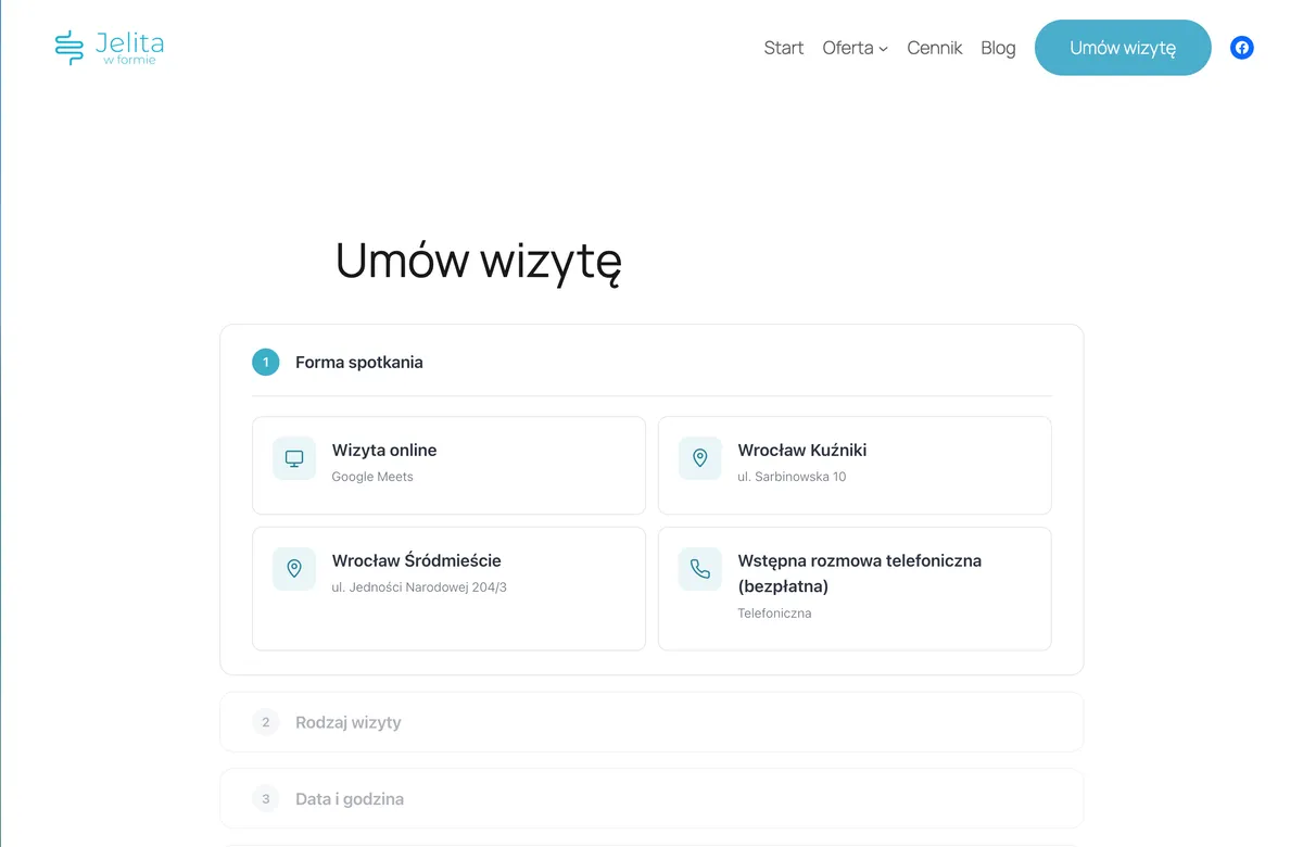 Appointment location selection in the booking plugin, with online, clinic and phone options.