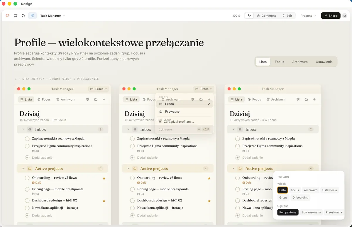 Task Manager screens in Claude Design exploring work and personal profile switching in a warm colour palette.